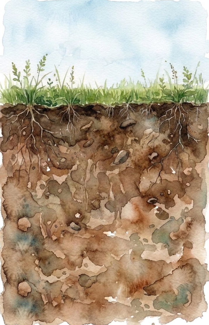 A cross section of ground: sky, grass, and the earth beneath